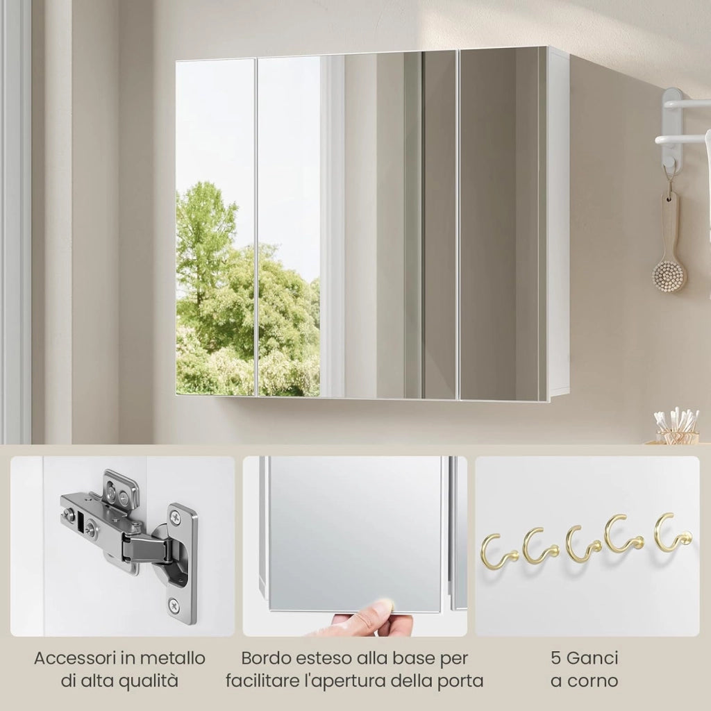 Armadietto Bagno con Specchio, Mobile Bagno Sospeso, con 3 Ante, Ganci, Ripiani Regolabili, Stile Nordico, Bianco, 70x14,5x61 cm