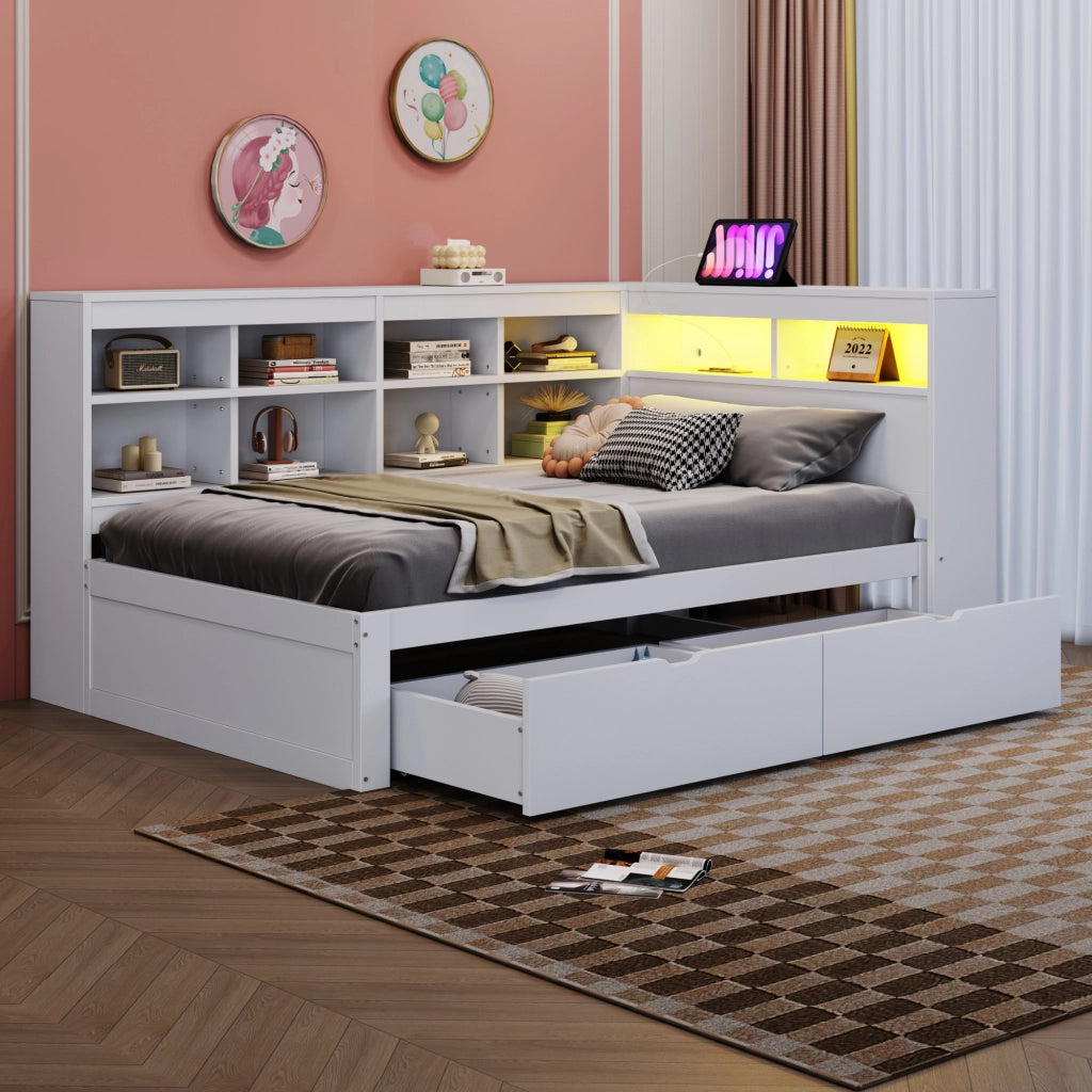 OKWISH Letto a Divano 90×200 cm, Letto Singolo con USB, Presa e LED Regolabile, Mensole e Cassetti, senza Materasso, Legno, Bianco
