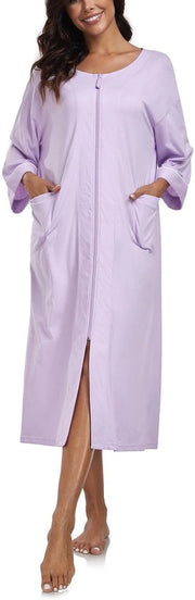 Camicia da notte per donna con cerniera, 100% cotone, giacca leggera, camicia da notte per donna, lunga con tasche, taglia M-XXL (lilla chiaro, XL)