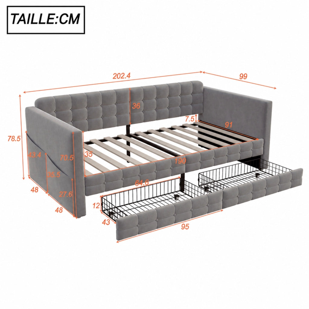 DESMIU Lit simple 90 × 190 cm 1 posto con 2 cassetti, tasche laterali, senza materasso, in velluto, grigio