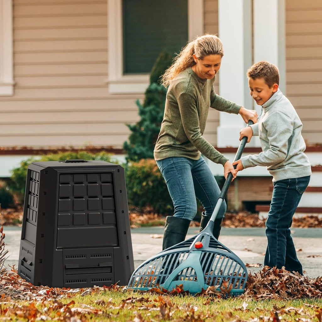 Compostiera da Giardino da 380L, Bidone per Compostaggio da Esterno con Coperchio e Prese d'Aria Regolabili, Barile per Compost per Creare Terreno Fertile Velocemente