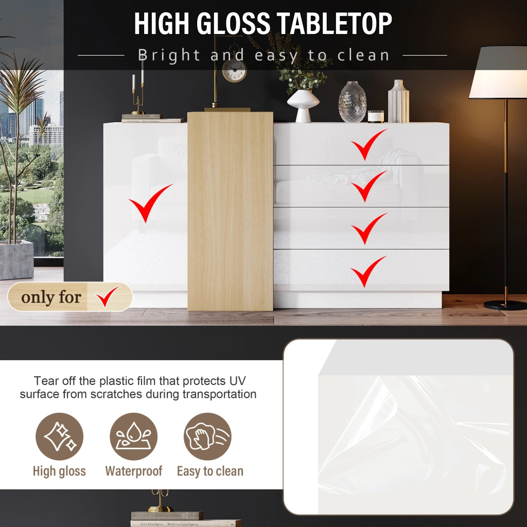 Credenza con 2 ante e 4 cassetti; apertura push - per soggiorno - 140×35×76.5 cm - bianco