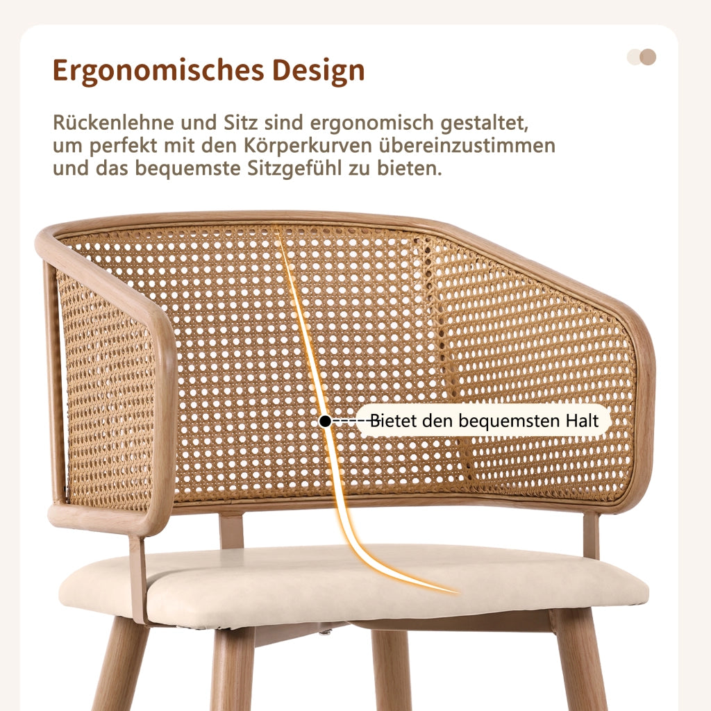 Set di 2 sedie da pranzo con schienale in rattan e seduta in PU beige e marrone