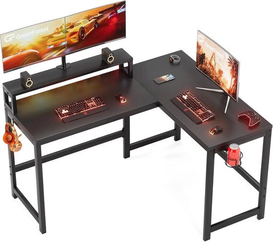 Bureau Computer a forma L con Coperchio e Gancio per Microfono per la Testa - Stazione di Lavoro da 128 cm con Regolazione Inversibile del Supporto per Monitor per Spazi Chiusi