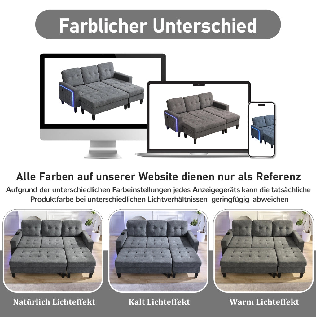 Divano letto modulare a L con pouf mobile; LED e USB; tessuto chenille grigio anticato