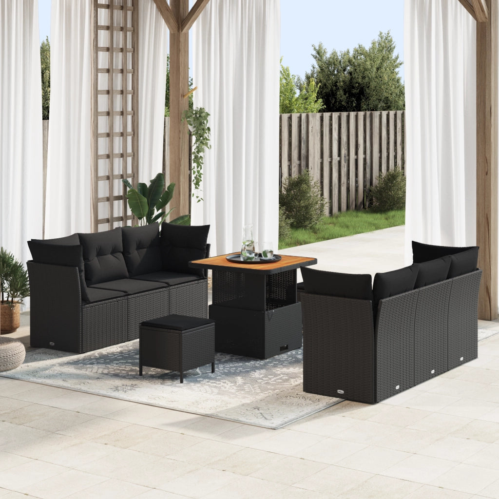 Set di divano da giardino  9 pezzi con cuscini Nero in polyrattan e Acacia