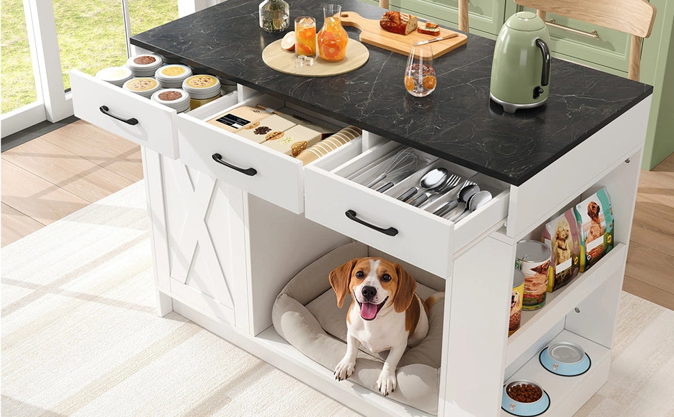 Carrello da cucina con 3 cassetti, vano per animali domestici e ripiano regolabile, bianco