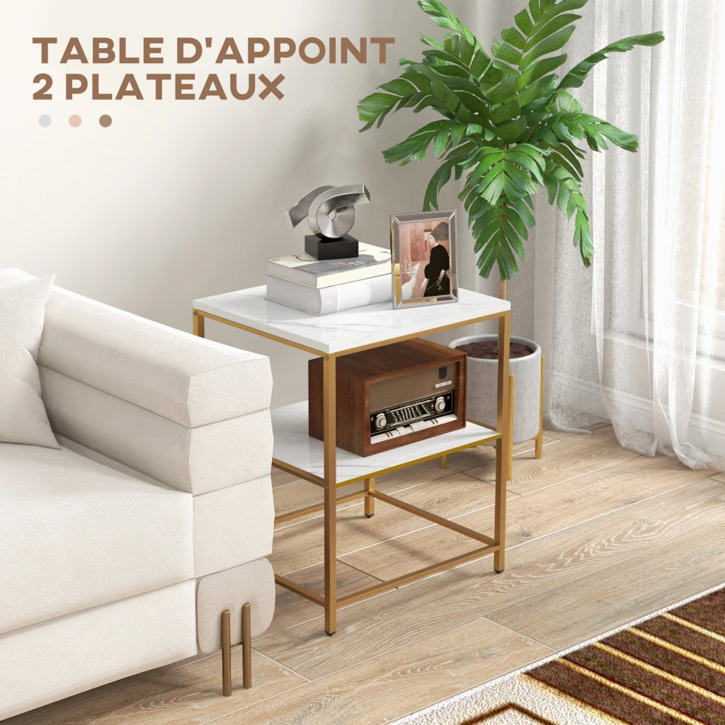Tavolino da caff¨¨ con 2 ripiani effetto marmo e struttura in metallo dorato ¨C Minimal ¨C 44x40x54,5 cm