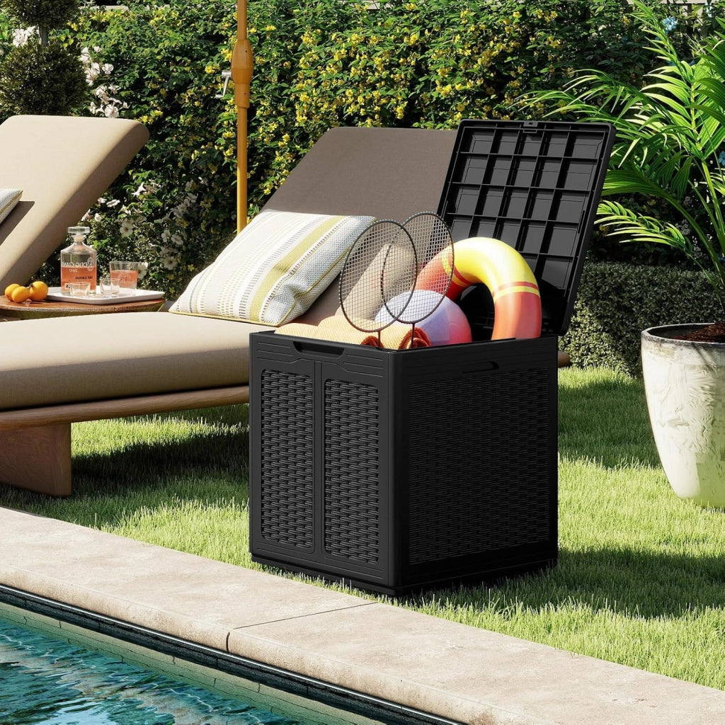Baule da Giardino 145 L, Baule da Esterno con Coperchio con Coperchio Bloccabile, Contenitore per Cuscini in Plastica, Multibox Impermeabile Esterni, 56X56X61 cm