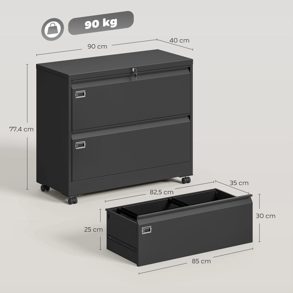 Cassettiera a rotelle con 2 cassetti a chiavetta e appendice regolabile ¨C zephmum ¨C 90x40x77 cm Nero