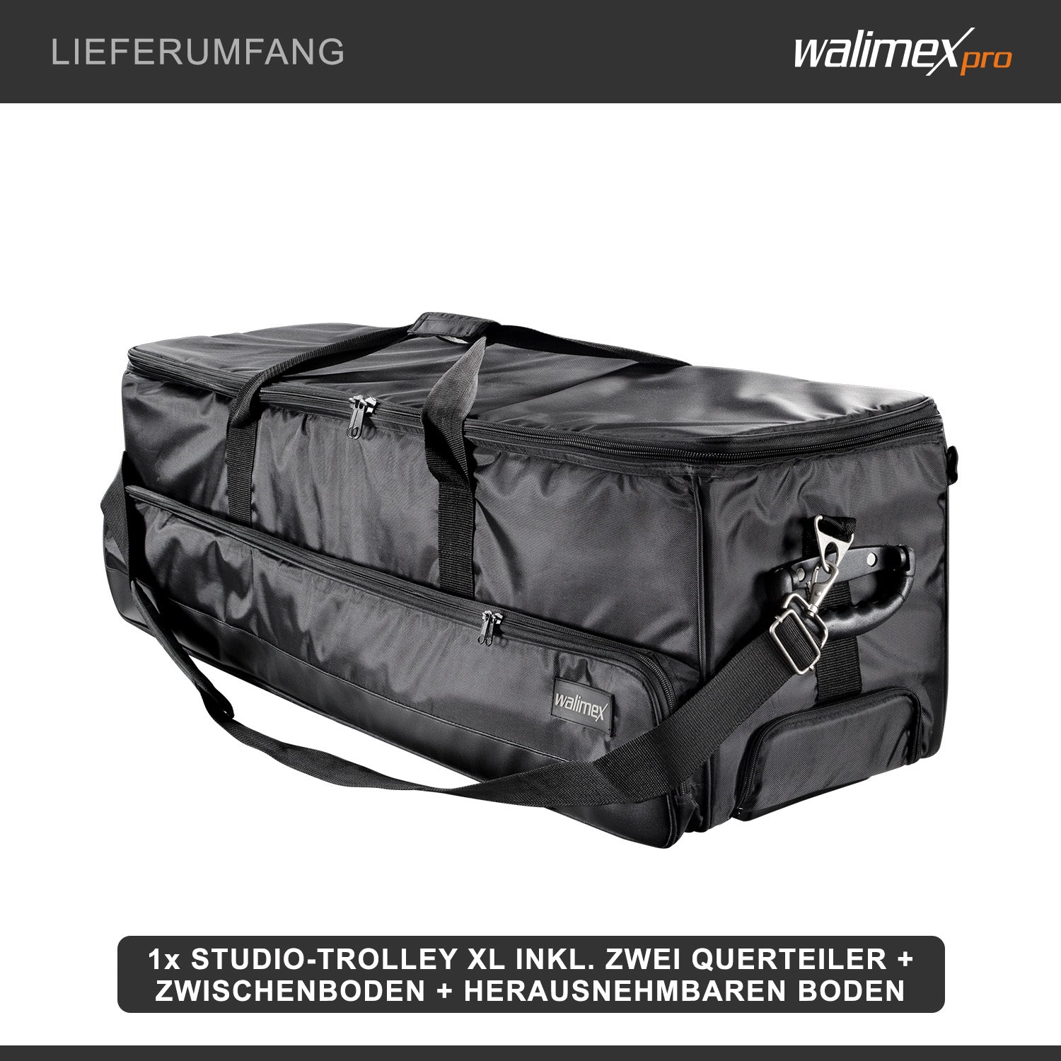 Borsone trolley fotografico XL, nero - 1027 x 379 x 324 mm valigia per attrezzatura studio foto e video, con maniglie tracolla e divisori interni