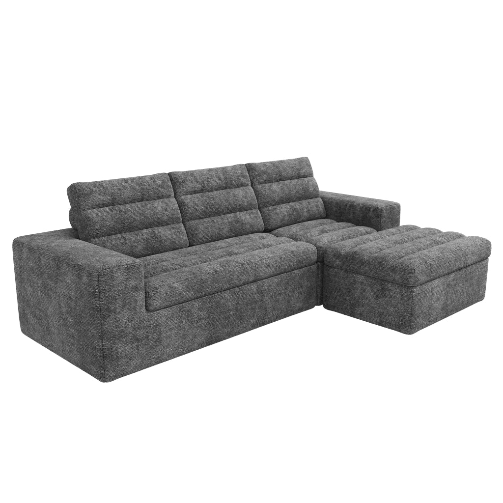 Divano angolare modulare 4 posti - con pouf e cuscini - in chenille - grigio chiaro