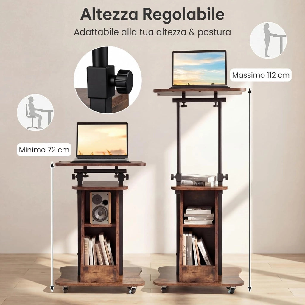 Leggio per Oratori, Podio per Conferenza con Ruote Bloccabile, Altezza Regolabile, Piano Ribaltabile e Armadietto Aperto, Leggio da Pulpito in Legno per Aula, Ufficio e Seminario (Marrone)