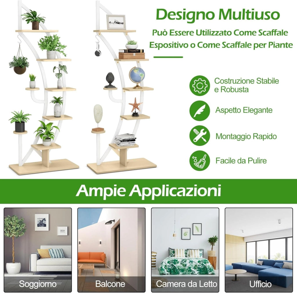 Scaffale per Piante a 7 Livelli, Scaffale a Forma di Mezza Luna con Gancio e Dispositivo Antiribaltamento, Porta Piante e Fiori per Soggiorno, 60 x 30 x 155 cm (2 PEZZI BIANCO)