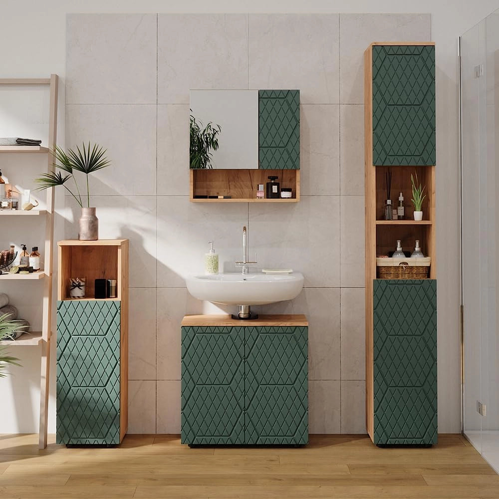 Mobiletto da bagno Irma, Quercia verde/oro, 30 x 192 cm, per la conservazione di accessori da bagno e compatibile con la serie Irma
