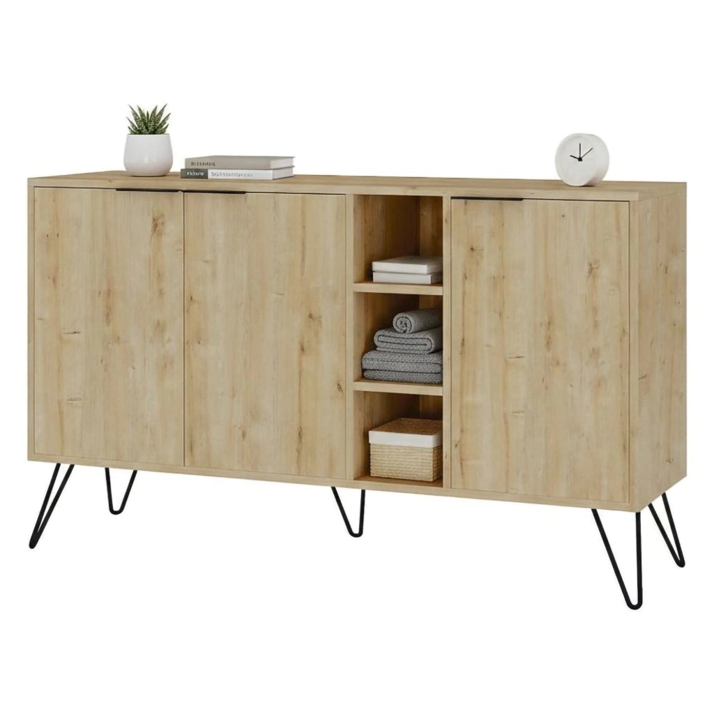 Credenza Alin, Buffet da soggiorno, Madia da salotto, Dispensa da cucina, 142x36h83 cm, Quercia
