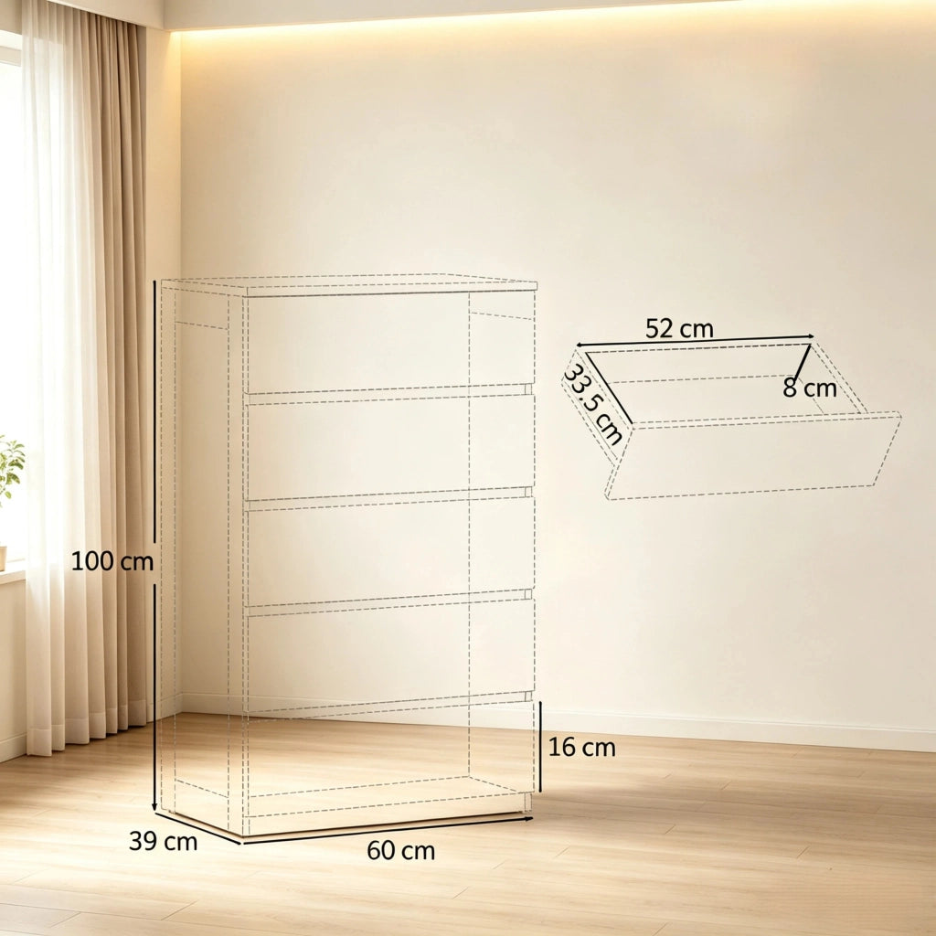 Comò moderno bianco con 5 cassetti, design compatto salvaspazio, 60 x 39 x 100 cm