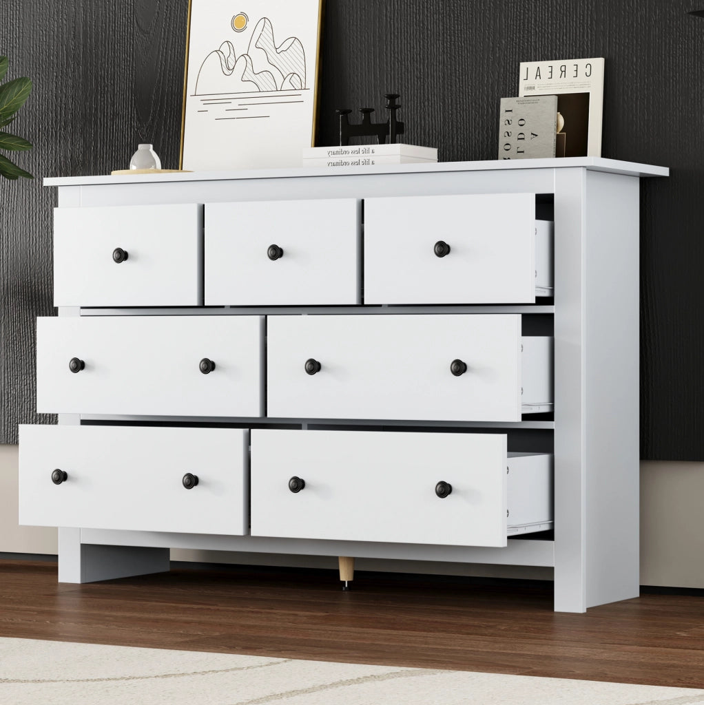 Credenza 152x40x88.5 cm con 7 cassetti e guide scorrevoli; in truciolare bianco