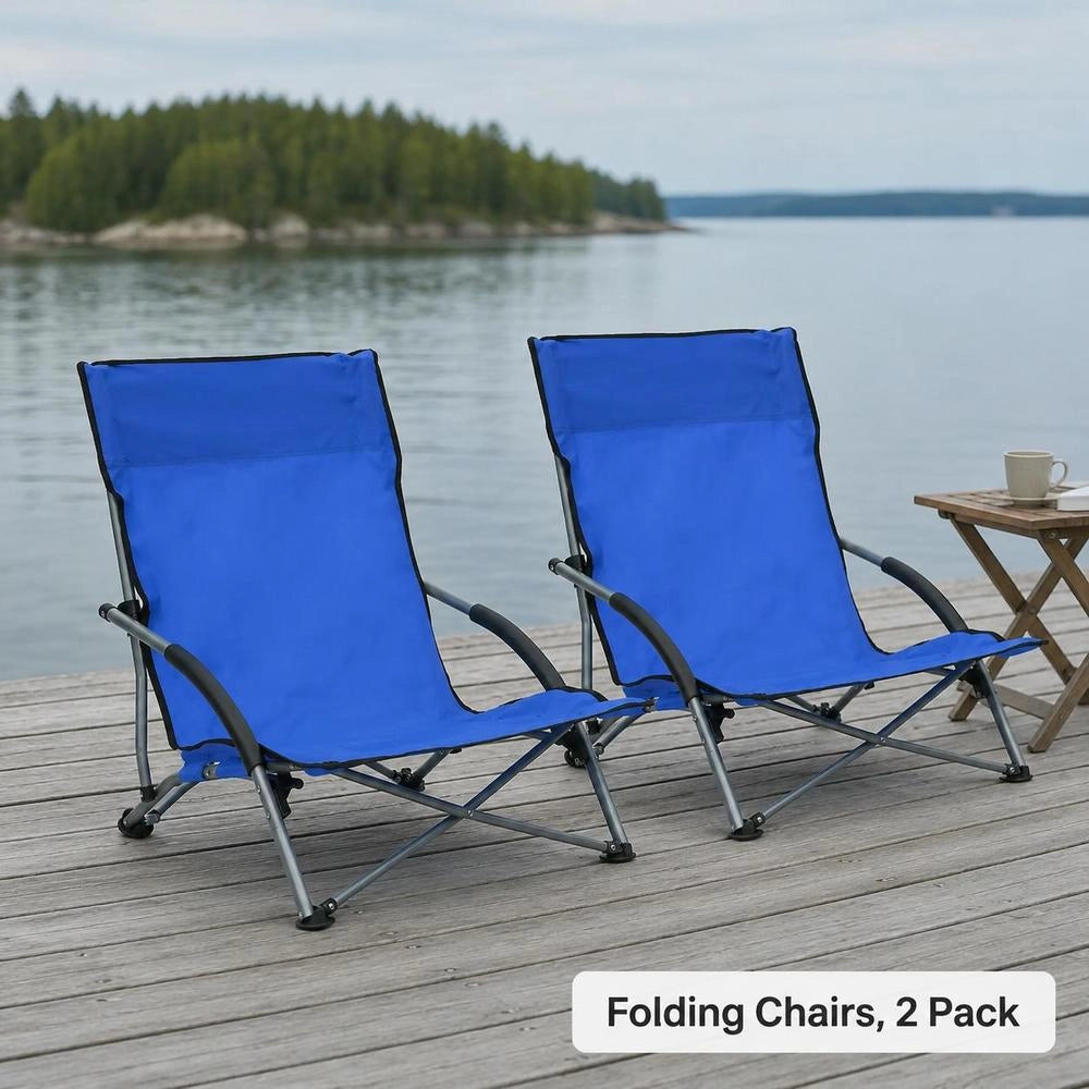 Folding Beach Chairs, 2 Pieces, Blue Fabric