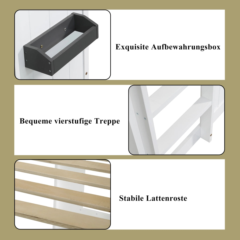 OKWISH Letto a castello 90×200 cm, Letto Singolo con Scala, Sponde di Sicurezza e Mensola, senza Materasso, Legno e MDF, Bianco