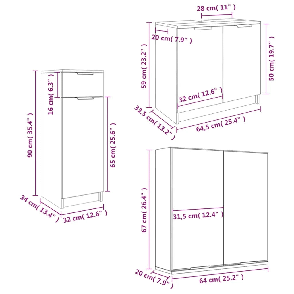 Set Mobili da Bagno 3 pz Grigio Sonoma in Legno Multistrato 3115874