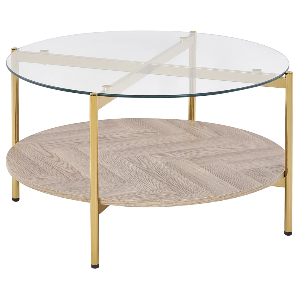 Tavolino con piano in vetro temperato con 1 ripiano in legno chiaro oro stile moderno