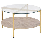 Tavolino con piano in vetro temperato con 1 ripiano in legno chiaro oro stile moderno