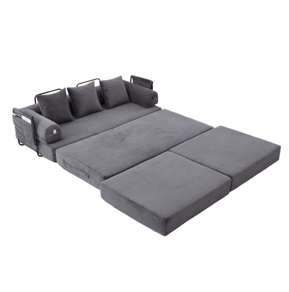 Divano modulare ULEVR con pouf 200x190x67 cm, 3 cuscini e tasca laterale, velluto a coste grigio scuro