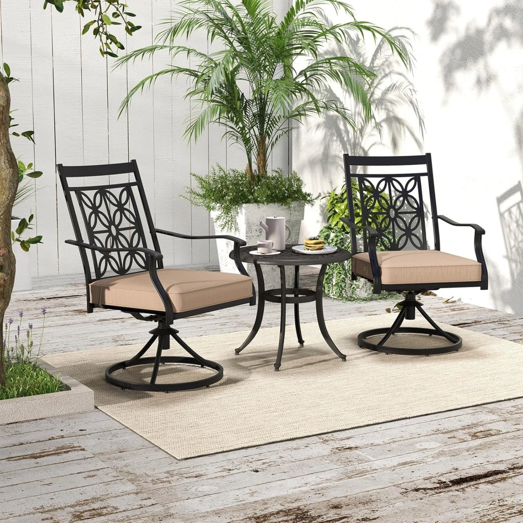 Set di 2 sedie da bistrot girevoli in metallo con braccioli curvi, telaio in metallo robusto e morbido cuscino di seduta, comode sedie da terrazza per giardino, patio, bistrot