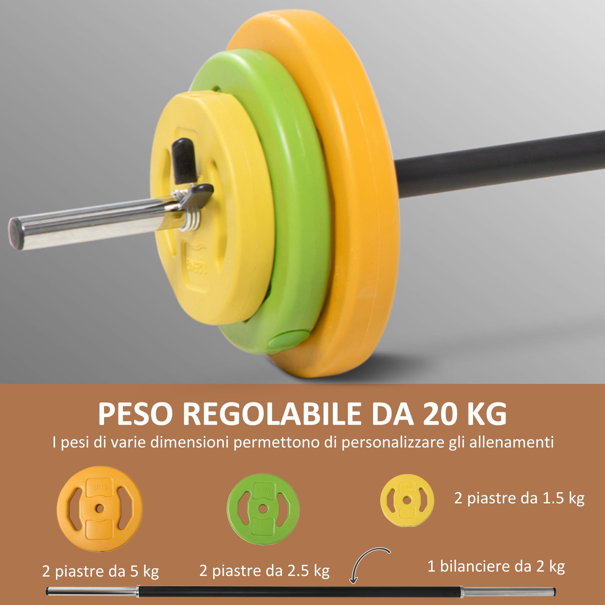 Set Bilanciere e Dischi da 20Kg Totali  6 Pesi 2 Clip di Fissaggio e Presa Antiscivolo in Metallo e PU Multicolore