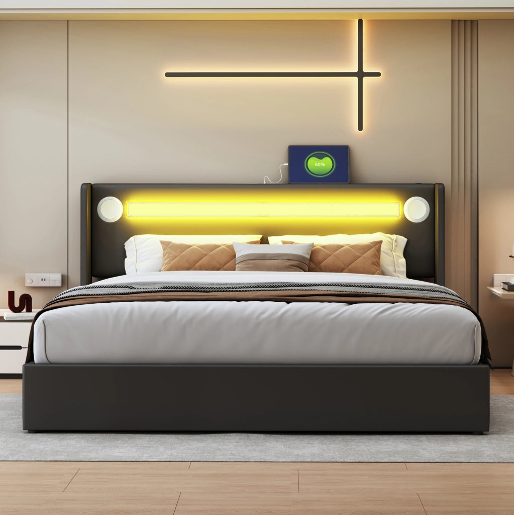 Letto imbottito contenitore matrimoniale 160x200 con LED; Bluetooth e USB; PU nero