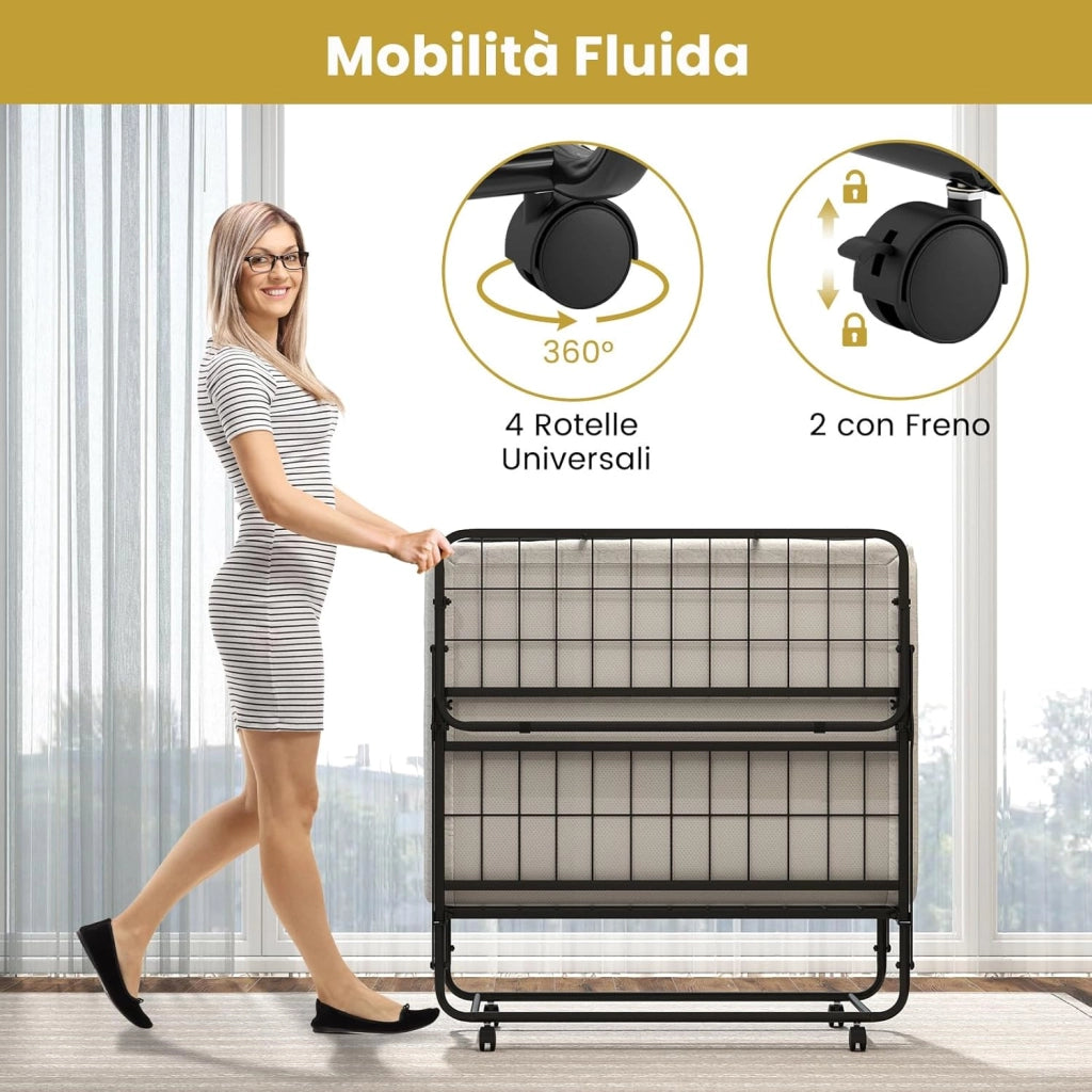 Letto Pieghevole con Materasso, Letto Singolo Pieghevole per Ospiti con Memory Foam e Struttura in Metallo, Brandina con Ruote, 190 x 90 cm, Carico 220 kg