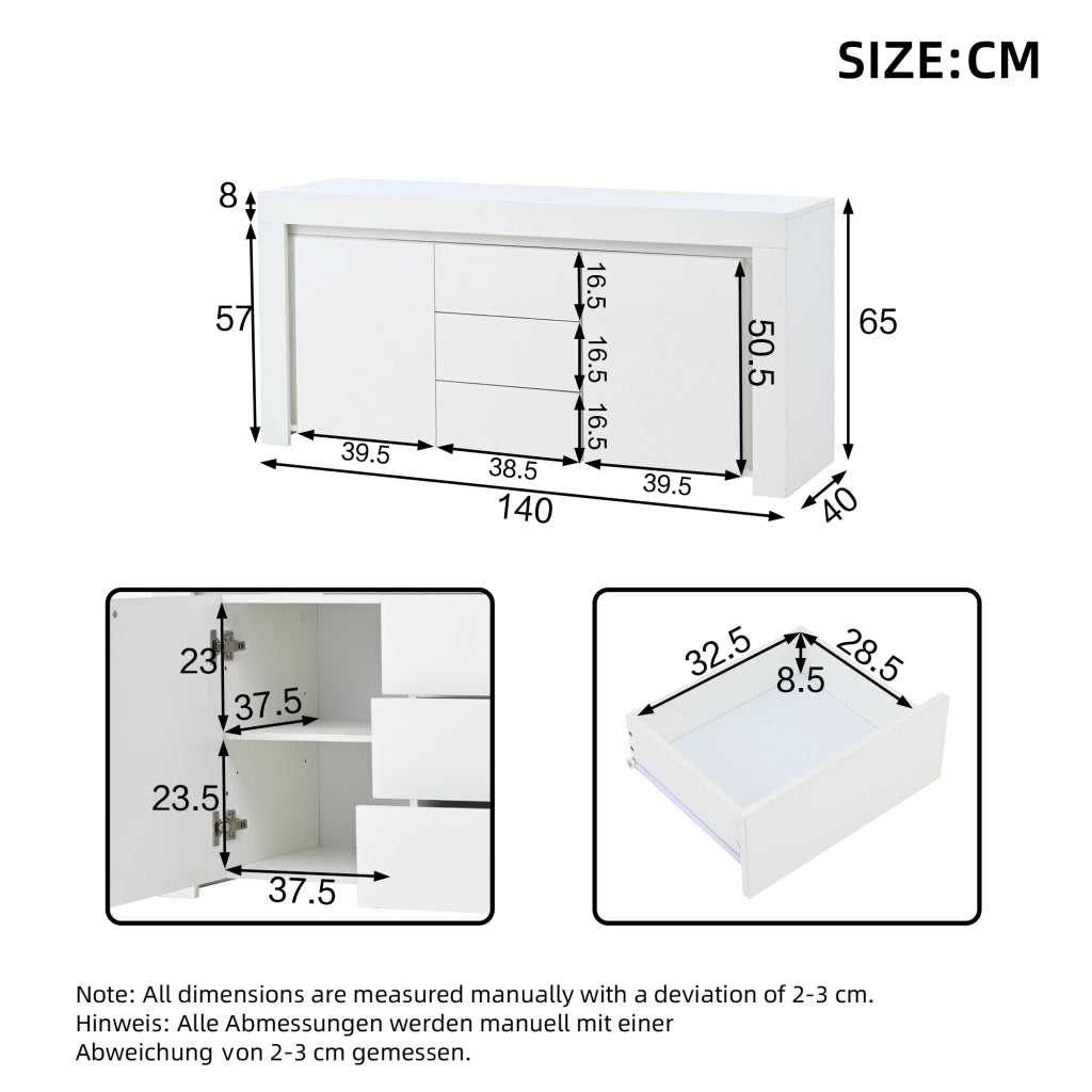 Credenza con 2 ante e 3 cassetti; LED; per soggiorno; in MDF; 140×40×65 cm; bianco