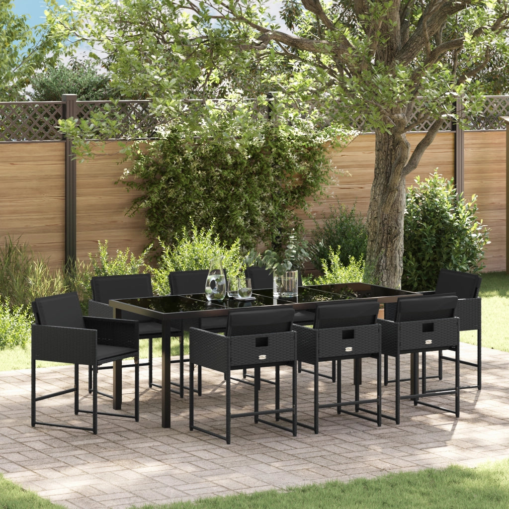 Set da Pranzo da Giardino 9 Pezzi con Cuscini Nero Rattan Polimerico
