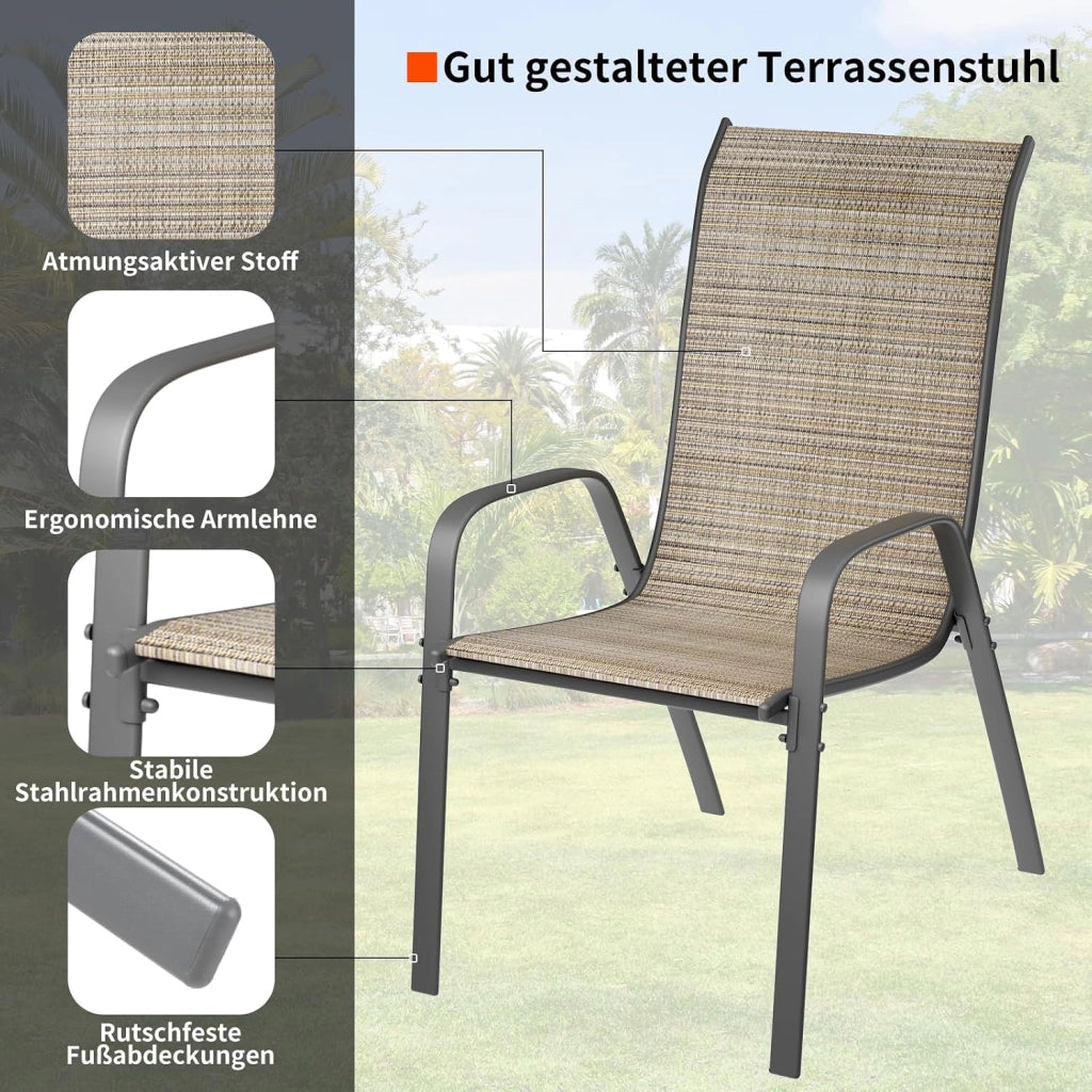 Sedia da giardino impilabile, da campeggio, impilabile, con schienale alto, in acciaio textilene, per giardini, cortili balconi ristoranti 150 kg portata: 54 x 69 x 93 cm 6pcs Lino marrone