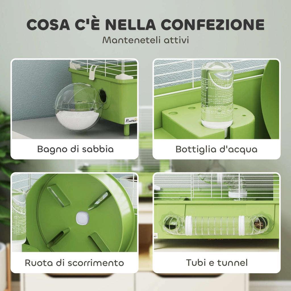 Gabbia per Criceti a 2 Livelli e 3 Porte con Ruota e Tubi, in Acciaio, PS e PP, 44.5x28x44 cm, Verde e Bianco