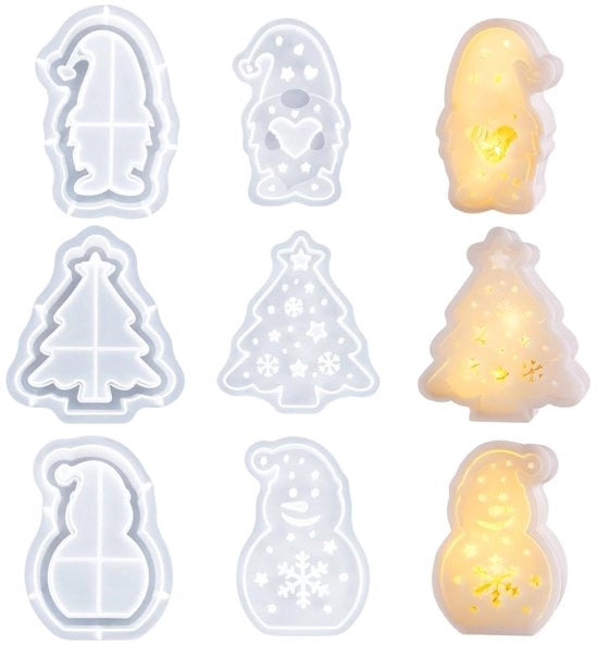 Set di Forme per Cera di 3 pezzi - Decorazioni di Natale - Babbi Natale/Elfi/Alberelli - Malline in Silicone - Tempo Libero Creativo - Flessibili e Resistenti alle Scalfitture