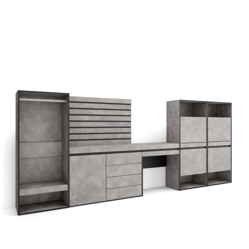 Scarpiera, 357x35x145cm, Camera da letto, Armadio Aperto, Cassettiera, Pannelli Decorativi, Tavolo da toeletta, grigio cemento RF3527