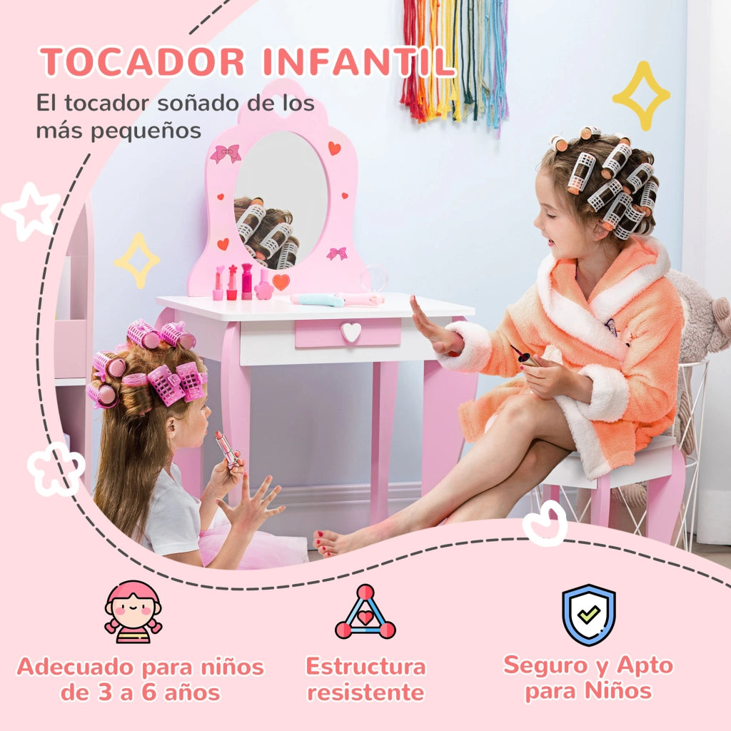 Toeletta bambini con sgabello e specchio ¨C Xylo ¨C legno rosa 50x36,5x89,5cm 3-6 anni