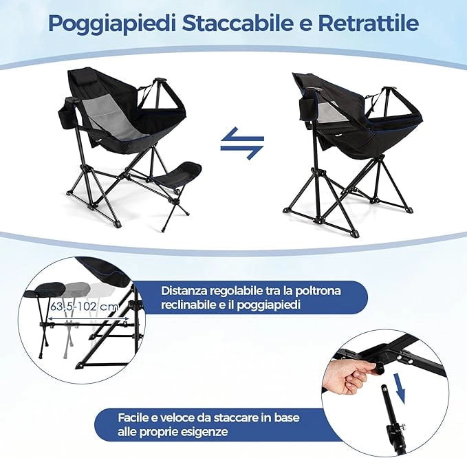 Sedia da Campeggio, Sedia Pieghevole per Esterni con Schienale e Poggiapiedi Regolabili, Poggiatesta, Porta Bicchiere e Borsa da Trasporto per Spiaggia, Giardino, Pesca, Supporta 150 kg (Nero)