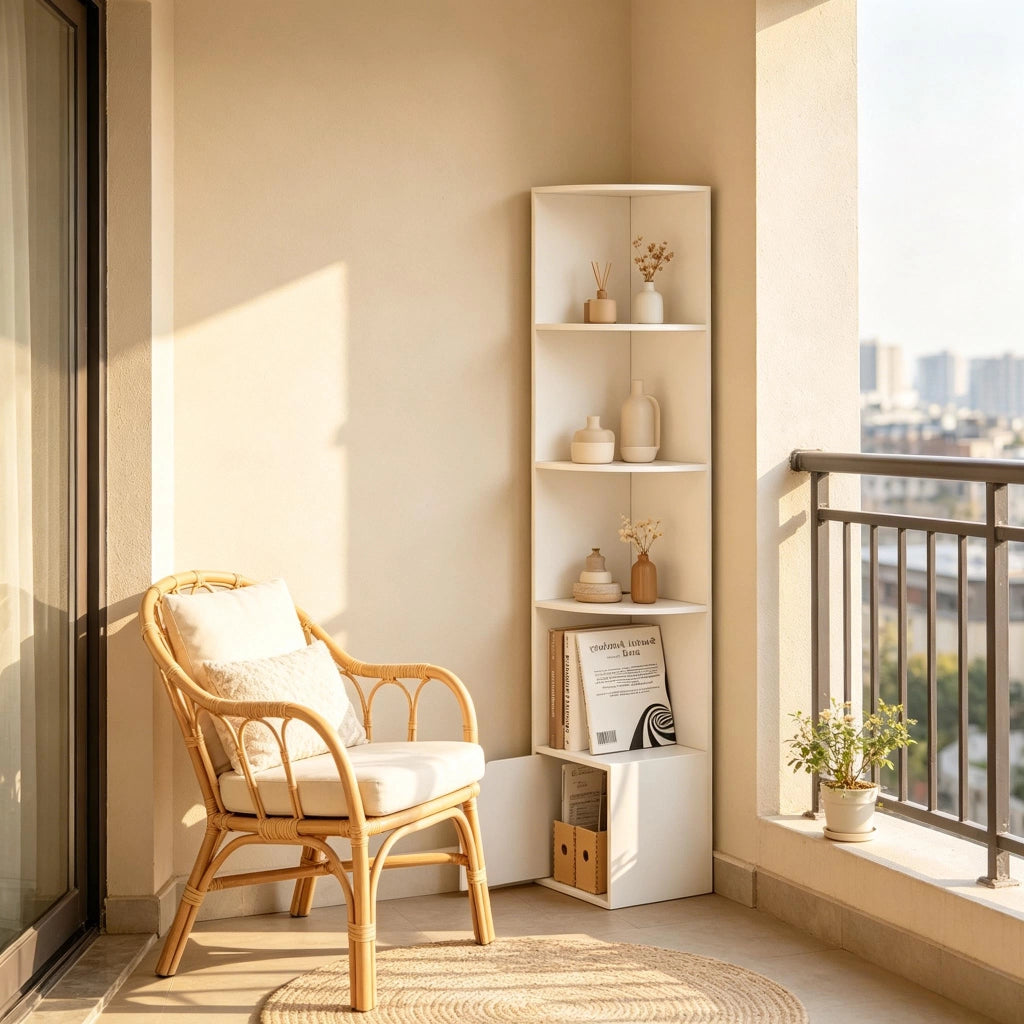 Scaffale angolare con anta bianco a 5 ripiani aperti, libreria salvaspazio in legno E1 29,5x157,5 cm