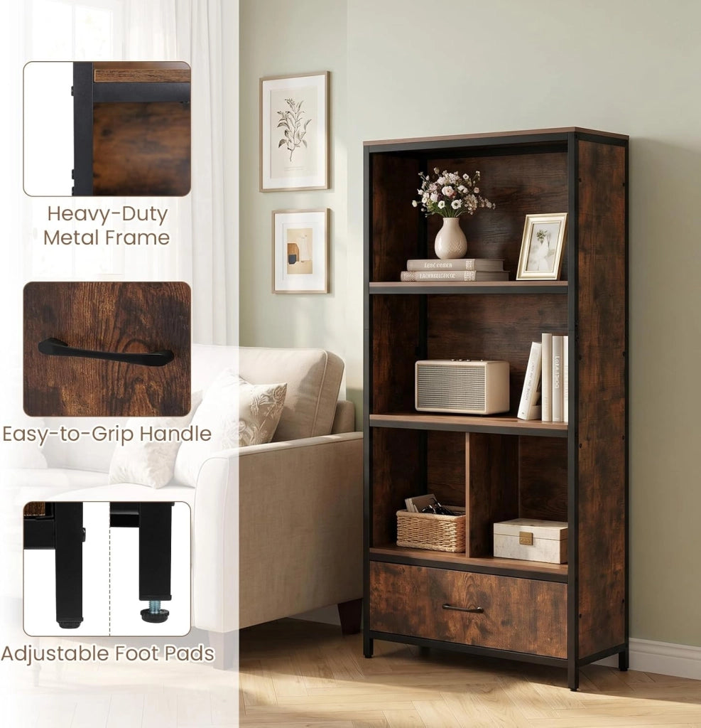 Libreria da Parete con Piano Superiore Ampio, 2 Grandi Scomparti, 2 Piccoli Scomparti e un Cassetto, Mobile Alto a 5 Livelli con 2 Accessori Antiribaltamento per Ufficio e Studio (Marrone)
