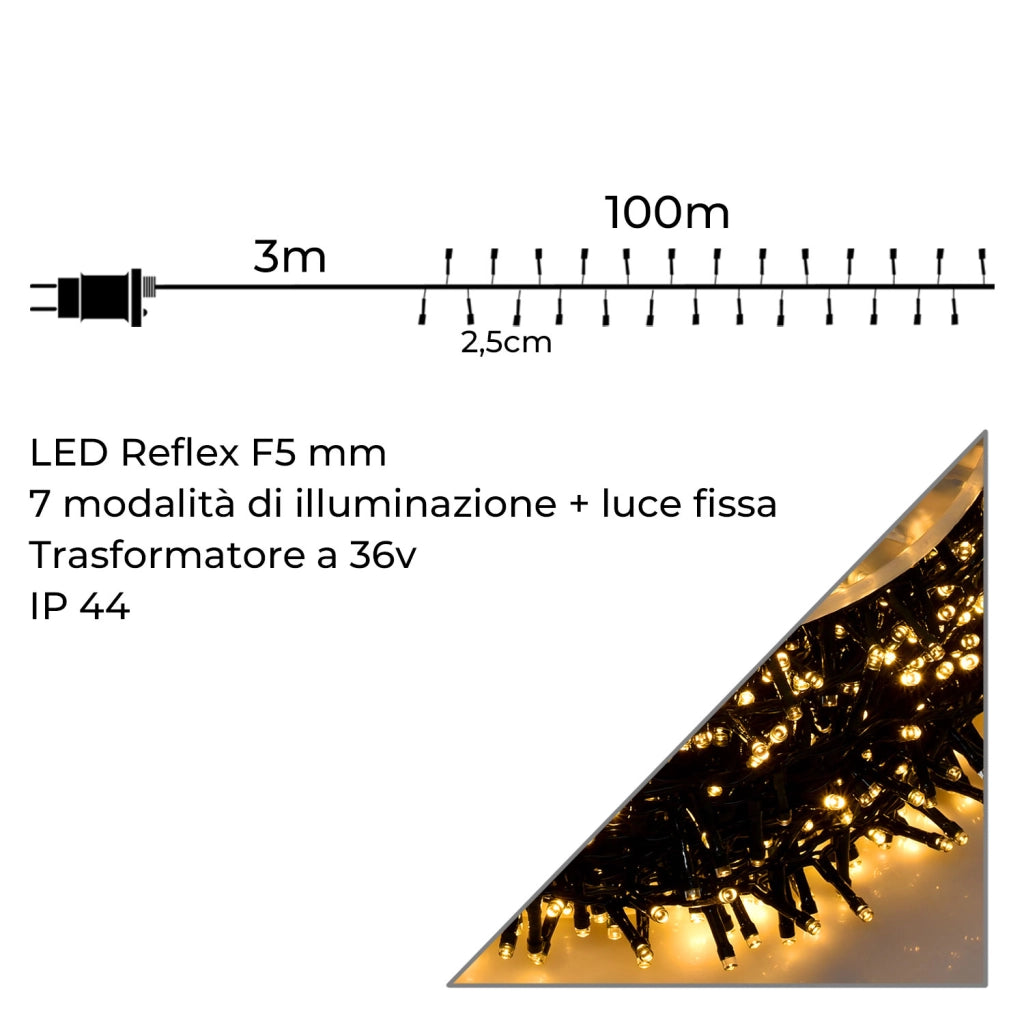 CATENA LUMINOSA 4000 LED CALDA DA 100 METRI CON CAVO VERDE - ILLUMINAZIONE DECORATIVA PER INTERNI ED ESTERNI IP44 CON 8 GIOCHI DI LUCE PER NATALE E FESTE