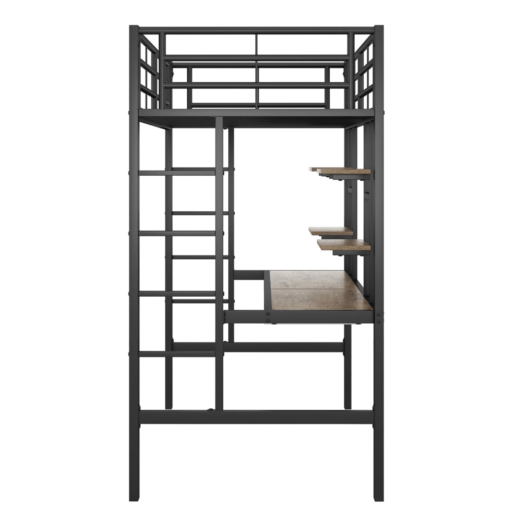 Letto a soppalco in metallo con scrivania e librerie, 90x200 cm, nero