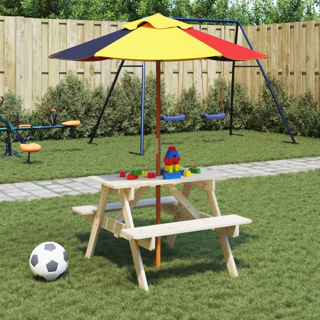 vidaXL Tavolo da Picnic per 4 Bambini con Ombrellone Legno di Abete