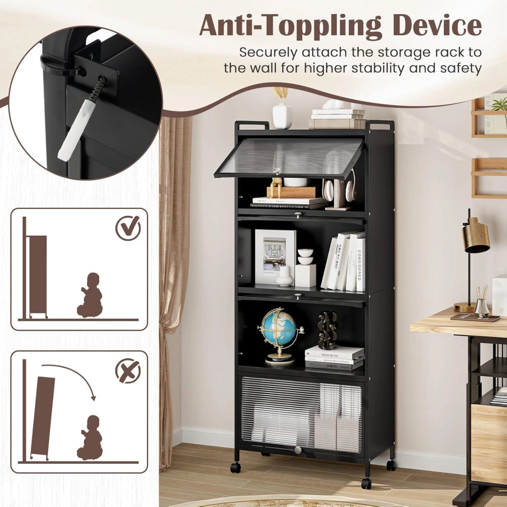 Credenza Cucina a 5 Livelli, Scaffale da Cucina in Piedi su Ruote, Mobile Cucina Dispensa con Ante in PC, con Protezione Antiribaltamento, 60 x 32 x 154 cm, 3 Colori (Nero)