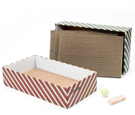 Confezione per gatti con 4 pannelli di grattugia, 2 gusci per gatto separati e 1 pallone per gatti, scatola di cartone 2-in-1 per gatti per grattugiare e riposare, regalo di Natale ideale e set di giocattoli per gatti