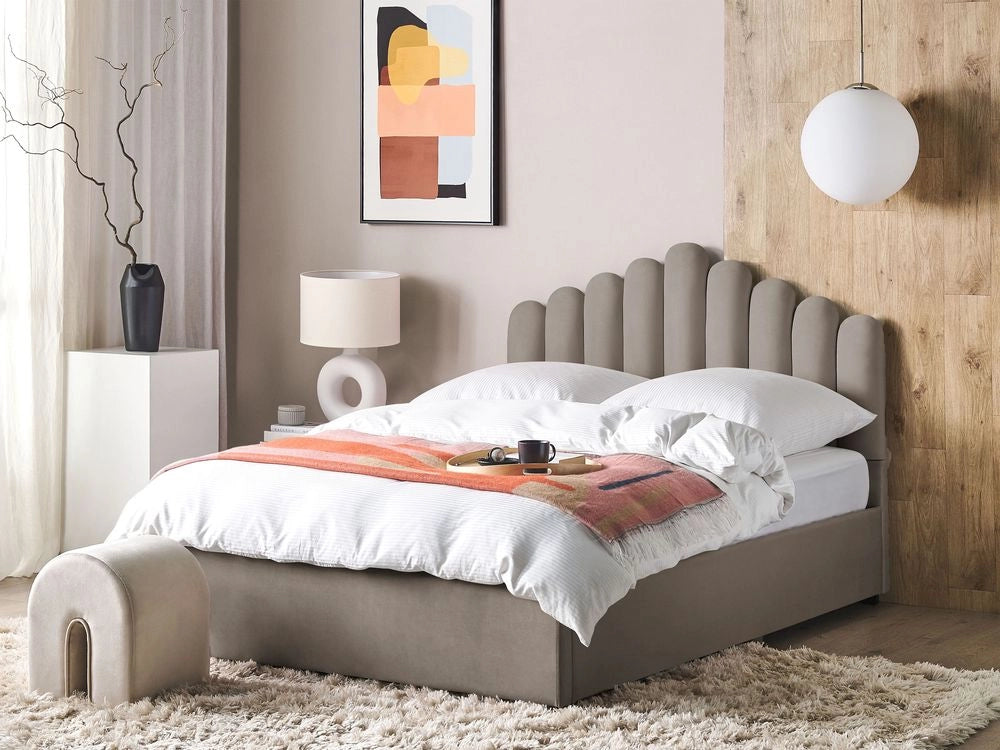 Letto contenitore matrimoniale rete a doghe velluto tortora 160 x 200 testiera a conchiglia