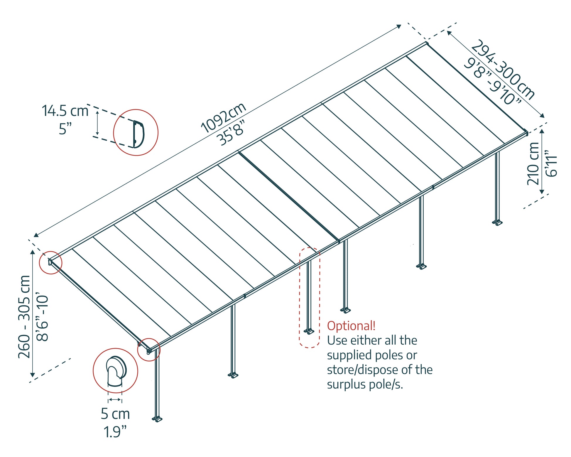 Canopia Feria Pergola Addossata in Alluminio  3X10.9 m Grigio
