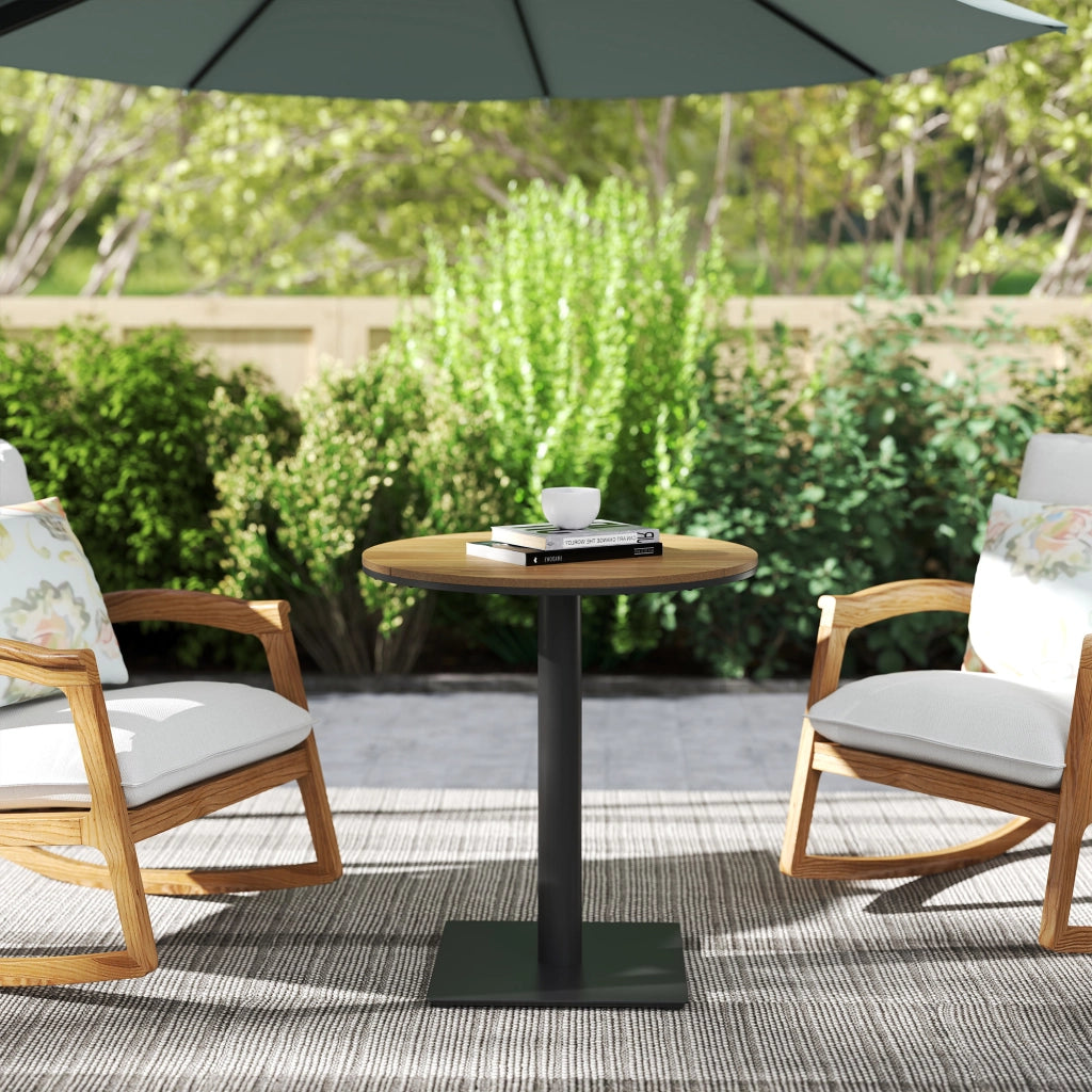 Tavolo da giardino da balcone rotondo impermeabile con piano a listelli in acciaio (? 70 x 74 cm H) e legno naturale.